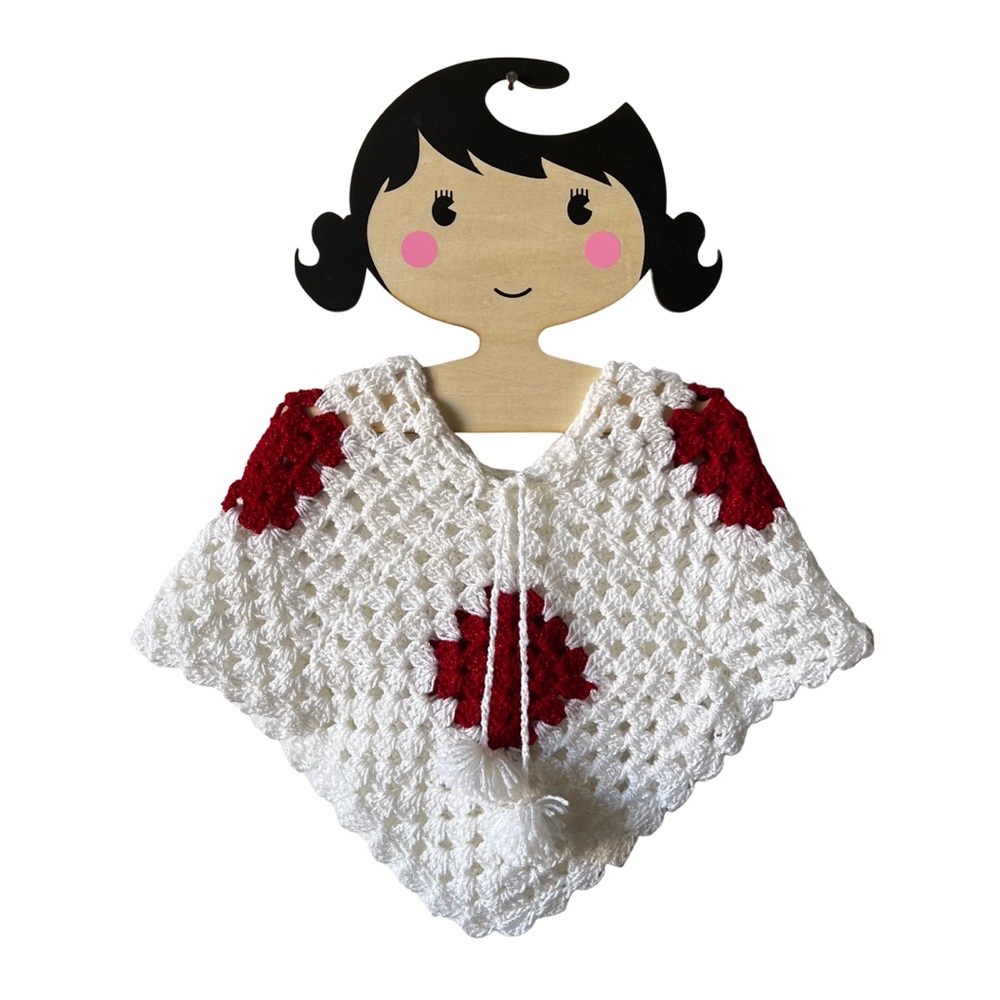 Red and White Crocheted Cable Poncho for Little Girls
